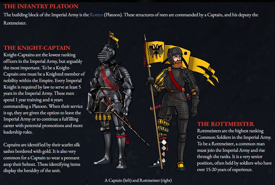 🧵The Gottesreich Infantry Platoon. The building block of the Imperial Army. These structures of men are commanded by a Captain, and his deputy, the Rottmeister.

Take in mind I am not a very good writer, so there may be some spelling mistakes and poorly written sentences.

1/6