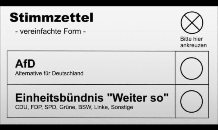 GrobeDrFrank's tweet photo. Aufgrund des festgestellten Papiermangels fällt der Wahlzettel zur kommenden #Bundestagswahl ein wenig handlicher als üblich aus. Die #AfD kämpft auch für Sie, dass Sie nicht wie zu Zeiten der #DDR Papier und Klopapier nur noch als Bückware erhalten. https://t.co/DcLCRRcVaN