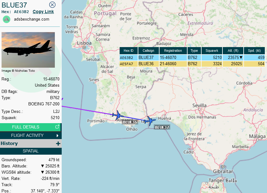 SirListenalot's tweet photo. #KC46's #BLUE36 &amp; #BLUE37 relocating from McGuire to Rota, likely to take #F22's from the sandpit home. #KC135 #RCH873 (McDill - Prestwick) will eventually probably be part of the second cell as well (as #BLUE38?) https://t.co/6lIiCG5sty