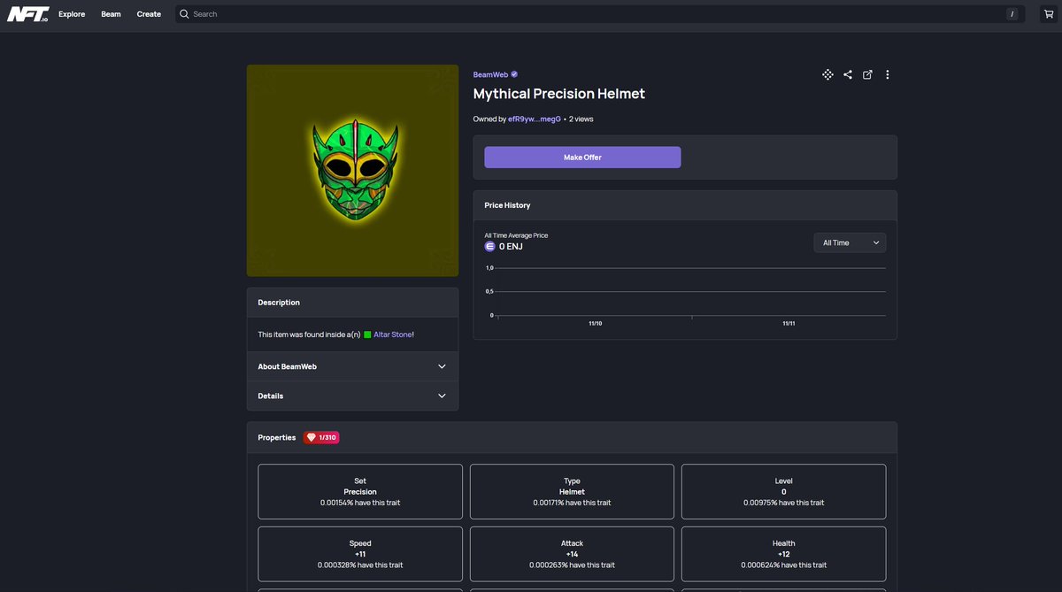 The first 🟨 Mythical equipment NFT has been minted by <a href="/lupshall/">Lupshall.ENJ</a>! 🥳

He was even lucky enough to find it inside of an 🟩 Altar's Stone (Uncommon lootbox)! 😱

So now, the biggest challenge is to find the first 🟥 Ultimate equipment type NFT!

🔓 Open your lootboxes on