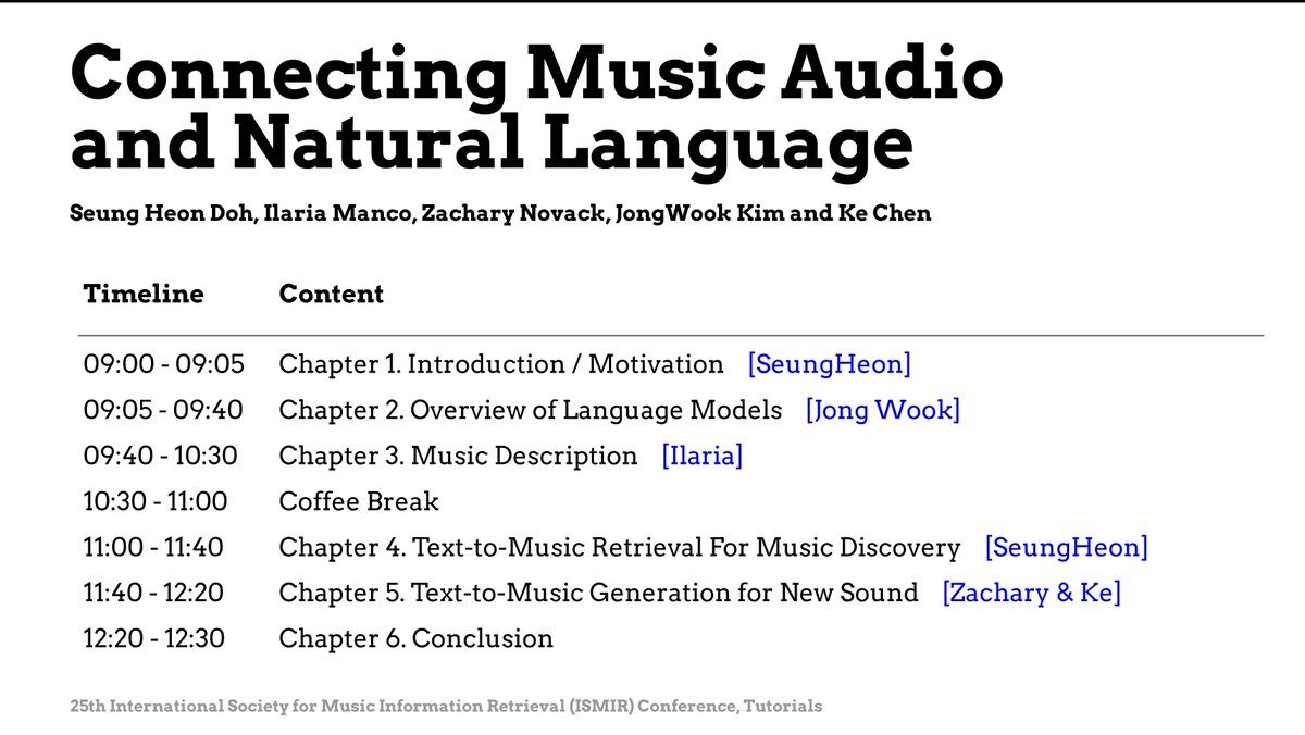 Don't miss the "Connecting Music Audio and Natural Language" tutorial <a href="/ISMIRConf/">ISMIR Conference</a>. We have prepared presentations including  Overview of Language Models (<a href="/_jongwook_kim/">Jong Wook Kim 💟</a>), Music Description (<a href="/Ilaria__Manco/">Ilaria Manco</a>), Music Retrieval (me), and Music Generation (<a href="/zacknovack/">Zachary Novack</a>, <a href="/Kotentorothy/">Ke Chen</a> ).