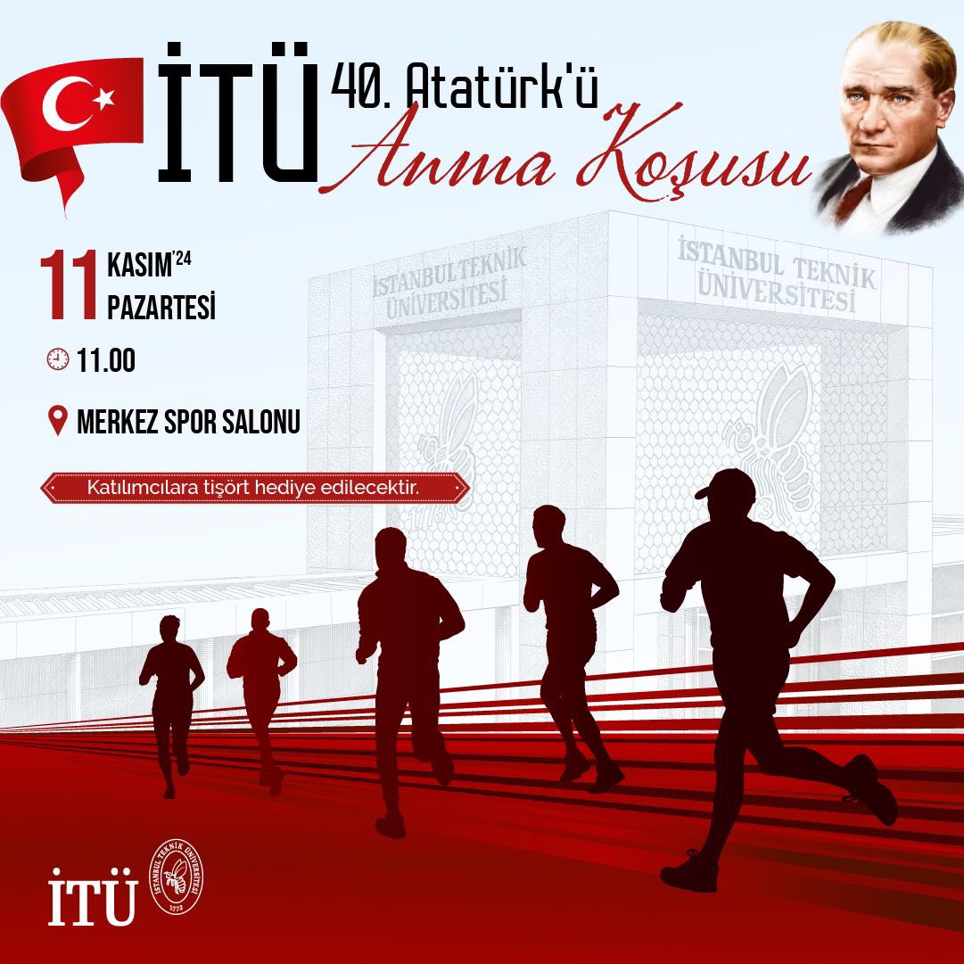 Cumhuriyetimizin kurucusu Gazi Mustafa Kemal Atatürk’ü saygı ve minnetle anmak için gerçekleşecek 40. İTÜ Atatürk’ü Anma Koşusu’na tüm İTÜ Ailemiz davetlidir. 🇹🇷🐝

🗓️11 Kasım 2024
⏰ 11.00
📍Merkez Spor Salonu
