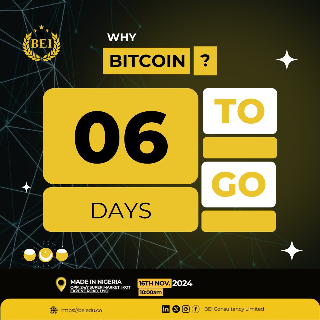 BEI_edu's tweet image. 6 days to go! 

Curious about how Bitcoin can impact you personally? 
Don’t miss out. 

#WhyBitcoin #bullrun #beiconsultancy