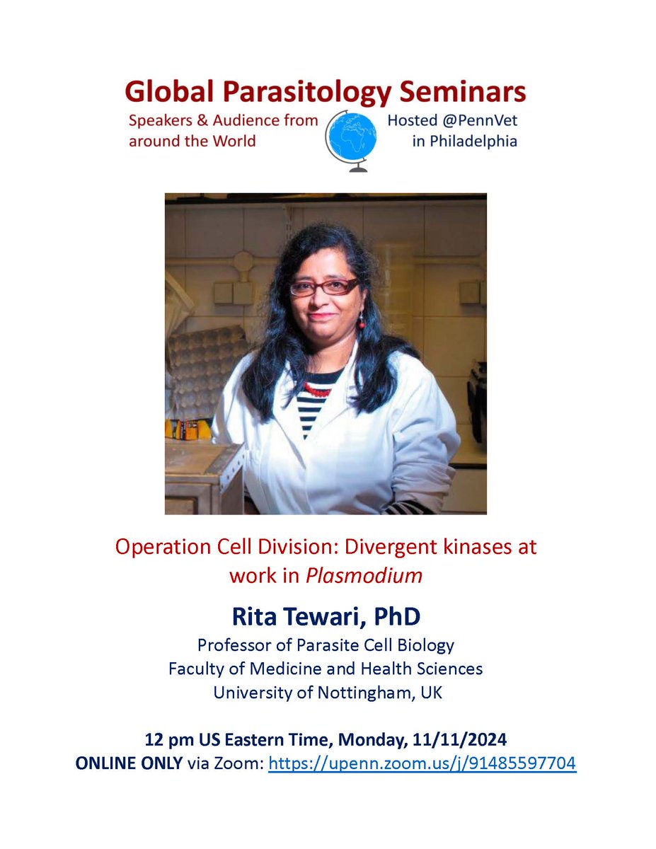 Boris Striepen (@striepenlab) on Twitter photo Terrific Global Paraitology Seminar by <a href="/RitaTewari/">Rita Tewari</a> on Plasmodium cell division this Monday 11/11 12pm ET via upenn.zoom.us/i/91485597704 <a href="/BSPparasitology/">British Society for Parasitology</a> <a href="/womeninmalaria/">Women In Malaria</a> <a href="/TrendsParasitol/">Trends in Parasitology</a> <a href="/AS_Para/">Aust Soc for Para</a> <a href="/parasitesrule/">parasitesrule</a> <a href="/AmSocParasit/">ASP-Parasitologists</a> <a href="/SFParasitologie/">Société Française de Parasitologie</a> <a href="/WiParasitology/">Women In Parasitology</a> Terrific Global Paraitology Seminar by <a href="/RitaTewari/">Rita Tewari</a> on Plasmodium cell division this Monday 11/11 12pm ET via upenn.zoom.us/i/91485597704 <a href="/BSPparasitology/">British Society for Parasitology</a> <a href="/womeninmalaria/">Women In Malaria</a> <a href="/TrendsParasitol/">Trends in Parasitology</a> <a href="/AS_Para/">Aust Soc for Para</a> <a href="/parasitesrule/">parasitesrule</a> <a href="/AmSocParasit/">ASP-Parasitologists</a> <a href="/SFParasitologie/">Société Française de Parasitologie</a> <a href="/WiParasitology/">Women In Parasitology</a>