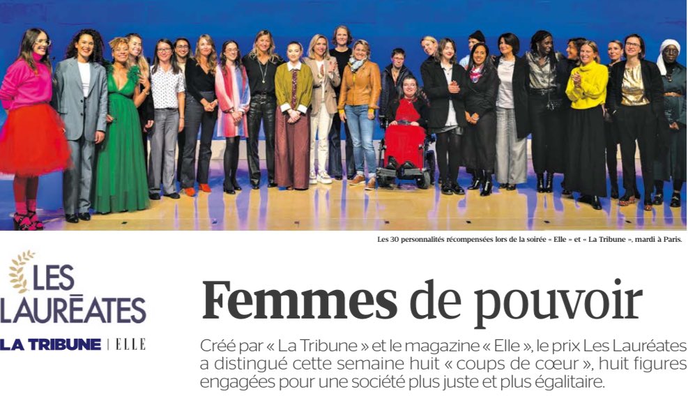 #LesLauréates 2024 
Créé par <a href="/LaTribune/">La Tribune</a> et <a href="/ELLEfrance/">ELLE</a> le prix Les Lauréates à distingué cette semaine 8 « coups de cœur », 8 figures engagées pour une société plus juste et plus égalitaire. Femmes de pouvoir dans #LaTribuneDimanche 👉🏼 latribune.fr/la-tribune-dim…