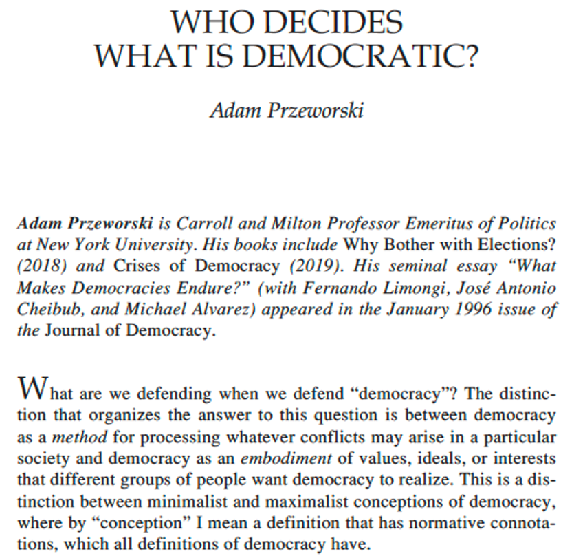 Gerardo L. Munck (@gerardomunck) on Twitter photo In light of the past week, this recent paper by <a href="/AdamPrzeworski/">Adam Przeworski</a> merits a re-read. The argument that “democracy’s defenders must offer a forward-looking perspective that seeks to improve representative institutions” is particularly relevant.
Free download: muse.jhu.edu/pub/1/article/… In light of the past week, this recent paper by <a href="/AdamPrzeworski/">Adam Przeworski</a> merits a re-read. The argument that “democracy’s defenders must offer a forward-looking perspective that seeks to improve representative institutions” is particularly relevant.
Free download: muse.jhu.edu/pub/1/article/…