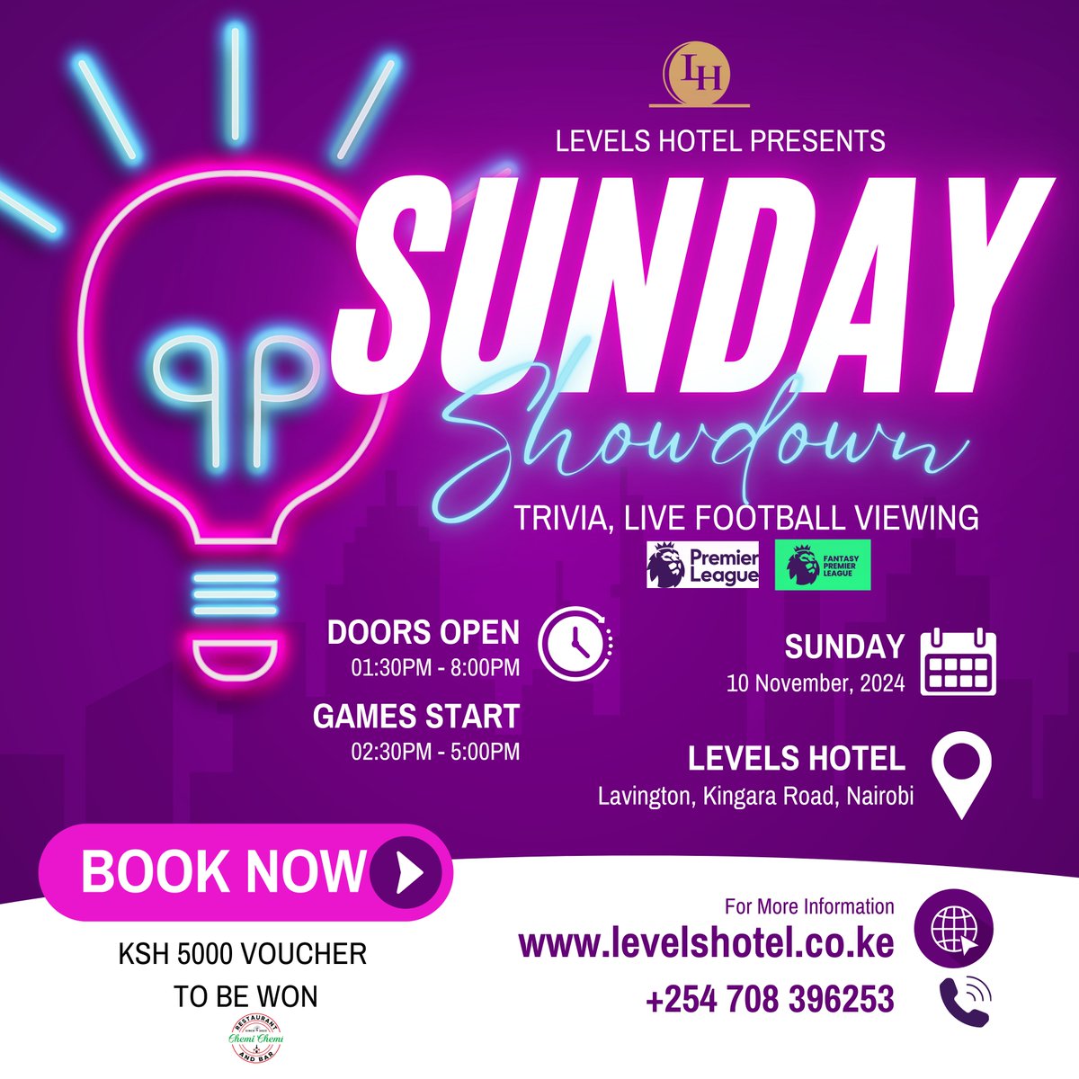 levelshotel's tweet image. ⚽️ Sunday Kick-Off! Join us at Levels Hotel Lavington to watch Chelsea vs. Arsenal. Enjoy games like trivia, pool, cards, and more. Don't miss the action and excitement!

#ChelseaVsArsenal #LevelsHotel #NairobiEvents #FootballFans #SundayKickoff #GameNight #Lavington