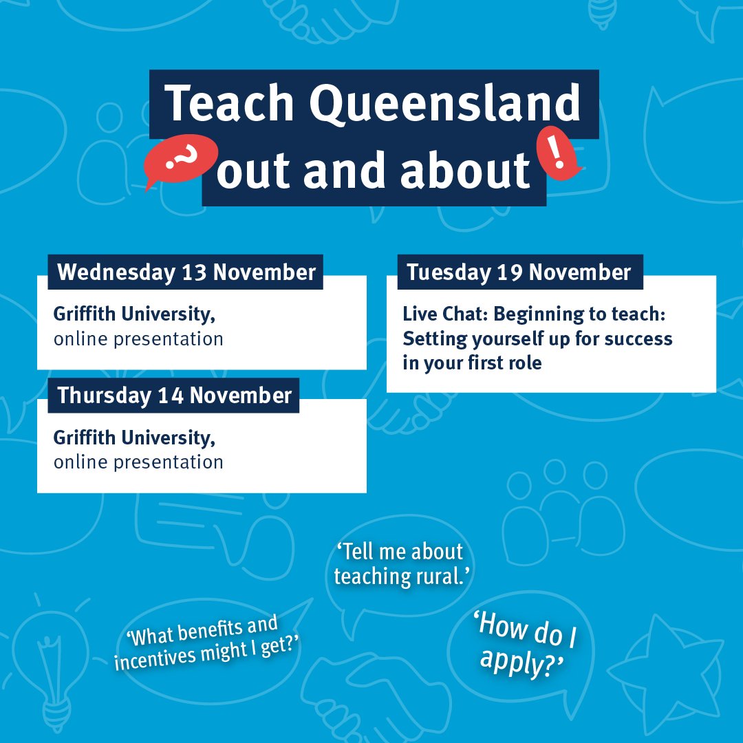 Join us at an upcoming online event:

📅 Wed 13 Nov &amp; Thursday 14 Nov

Griffith University, online. For more info, contact Griffith

📅 Tuesday 19 November

Live Chat: Beginning to teach: Setting yourself up for success in your first role Register:

eventbrite.com.au/e/beginning-to…