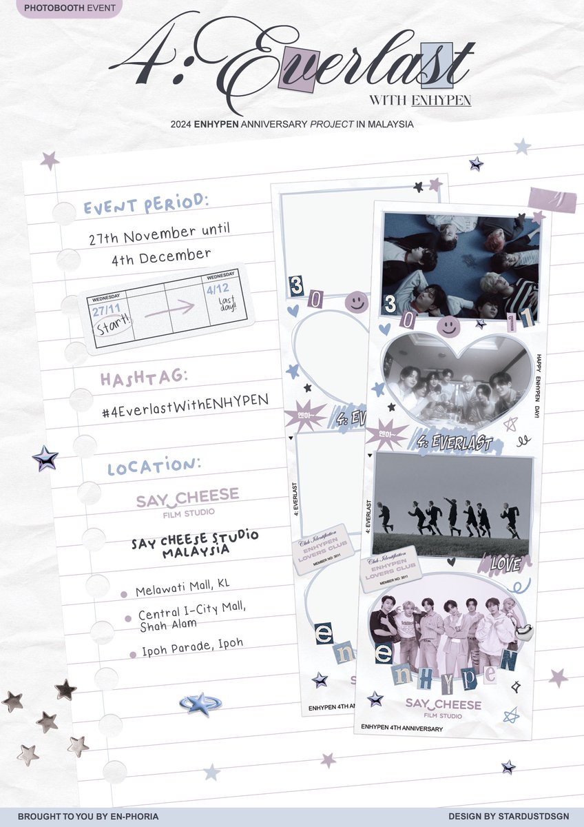 saycheesemy's tweet photo. #4EverlastWithENHYPEN ꪆৎ ˚⋅ 
by ENPHORIA

✰ Photobooth Event in Malaysia

.ᐟ Event period: 27/11 - 4/12 
.ᐟ Location: All 'Say Cheese Studio' branches

Don't forget to use #4EverlastWithENHYPEN when sharing your photo strips ᯓᡣ𐭩 https://t.co/5Ajd71WzwA