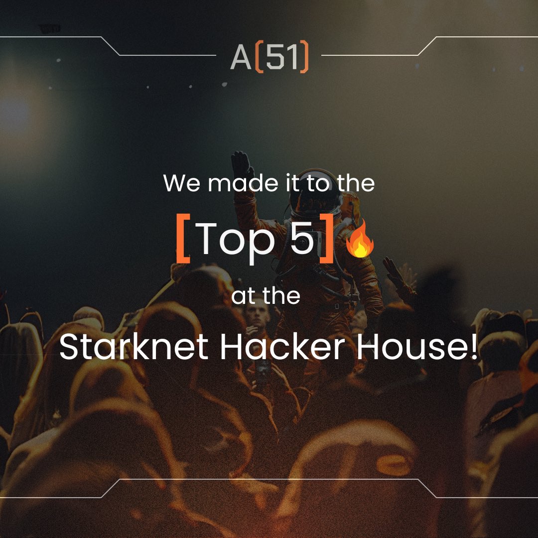 A51 just cracked the top 5 at <a href="/StarknetFndn/">Starknet Foundation (BTCFi arc)</a> Hacker House! 🚀
The team’s been grinding hard to get here. Big things are coming! 🔥
#starkspace #hackerhouse