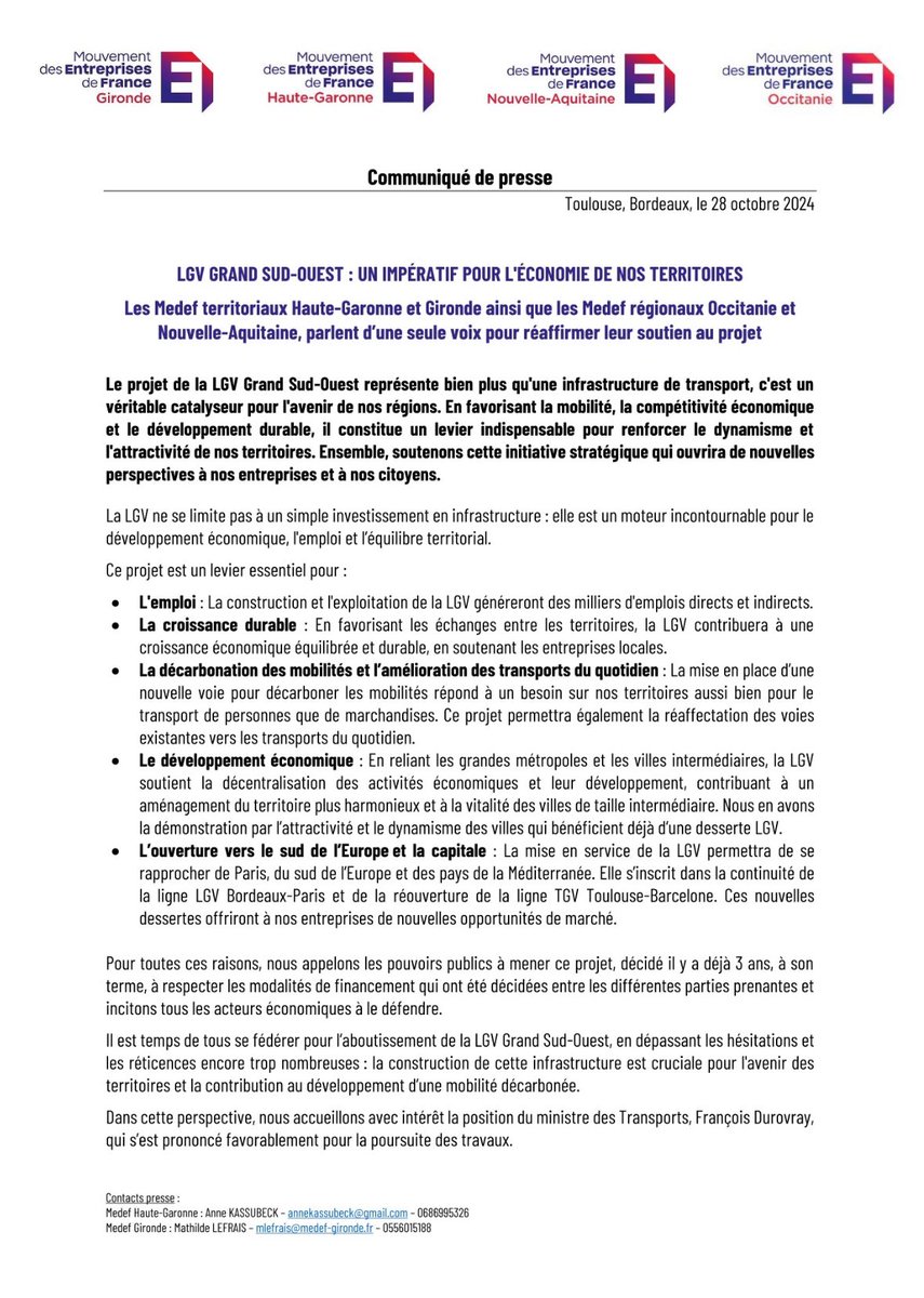 Fabrice Le Saché (@f_lesache) on Twitter photo Mobilisation du <a href="/medef/">Mouvement des Entreprises de France</a> pour la LGV Grand Sud-Ouest !
Notre pays ne peut plus abandonner ses projets d’infrastructures sous la pression d’une minorité qui est contre tout.
Le monde avance : plan Biden infrastructures 🇺🇸1000 Mds$; programme🇨🇳routes de la soie depuis +10 ans. Mobilisation du <a href="/medef/">Mouvement des Entreprises de France</a> pour la LGV Grand Sud-Ouest !
Notre pays ne peut plus abandonner ses projets d’infrastructures sous la pression d’une minorité qui est contre tout.
Le monde avance : plan Biden infrastructures 🇺🇸1000 Mds$; programme🇨🇳routes de la soie depuis +10 ans.