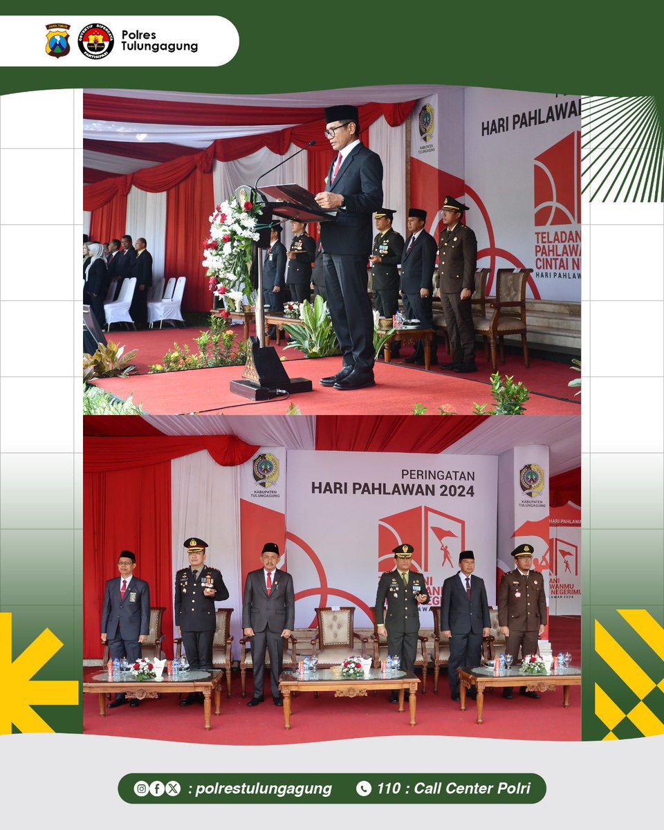 Res1Tulungagung's tweet image. Kapolres Tulungagung Mengikuti Upacara Bendera Dalam Peringatan Hari Pahlawan Ke-78

Upacara dipimpin Pj. Bupati Tulungagung DR. Ir. Heru Suseno., dengan tema "Teladani Pahlawanmu, Cintai Negerimu".

#polrestulungagung #tulungagung #upacara #upacaraharipahlawan #haripahlawan