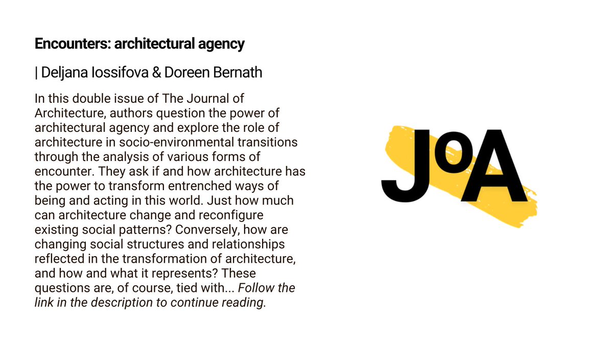 🌟 Free access Editorial 🌟 Encounters: architectural agency – By Deljana Iossifova @deljanai <a href="/UoMUrban/">UoM Urban Institute</a> &amp; Doreen Bernath
tandfonline.com/doi/full/10.10…
