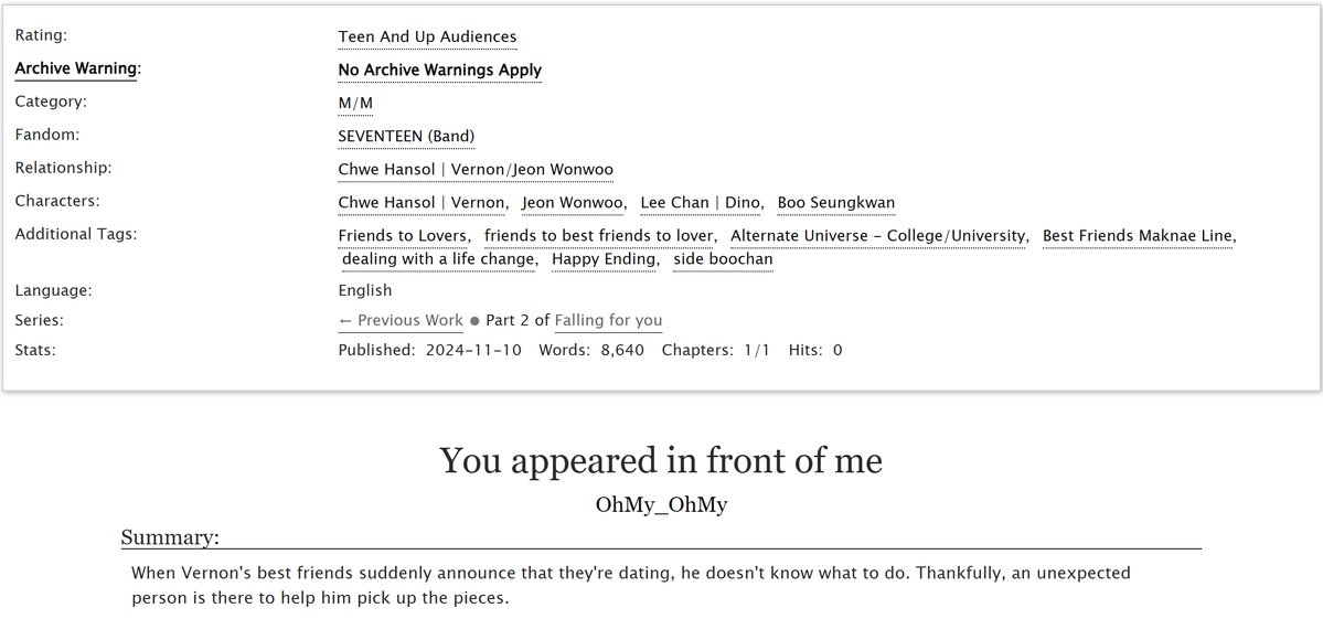 You appeared in front of me - Wonsol - friends to lovers (sequel to I had hoped that someone would be out there)

archiveofourown.org/works/60454771