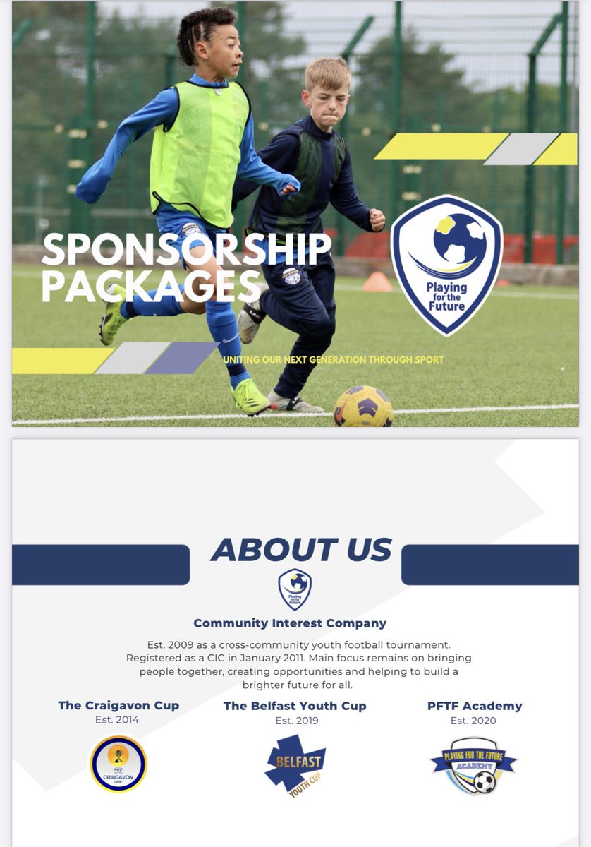 Sponsorship Opportunities | Support our social enterprise ⚽️

We have some very interesting and affordable sponsorship opportunities through our flagship projects <a href="/pffacademy09/">Playing for the Future Academy</a> <a href="/BelfastYouthCup/">Belfast Youth Cup</a> <a href="/thecraigavoncup/">The ABP Craigavon Cup</a> 

For more info contact 📧 events@playingforthefuture.co.uk