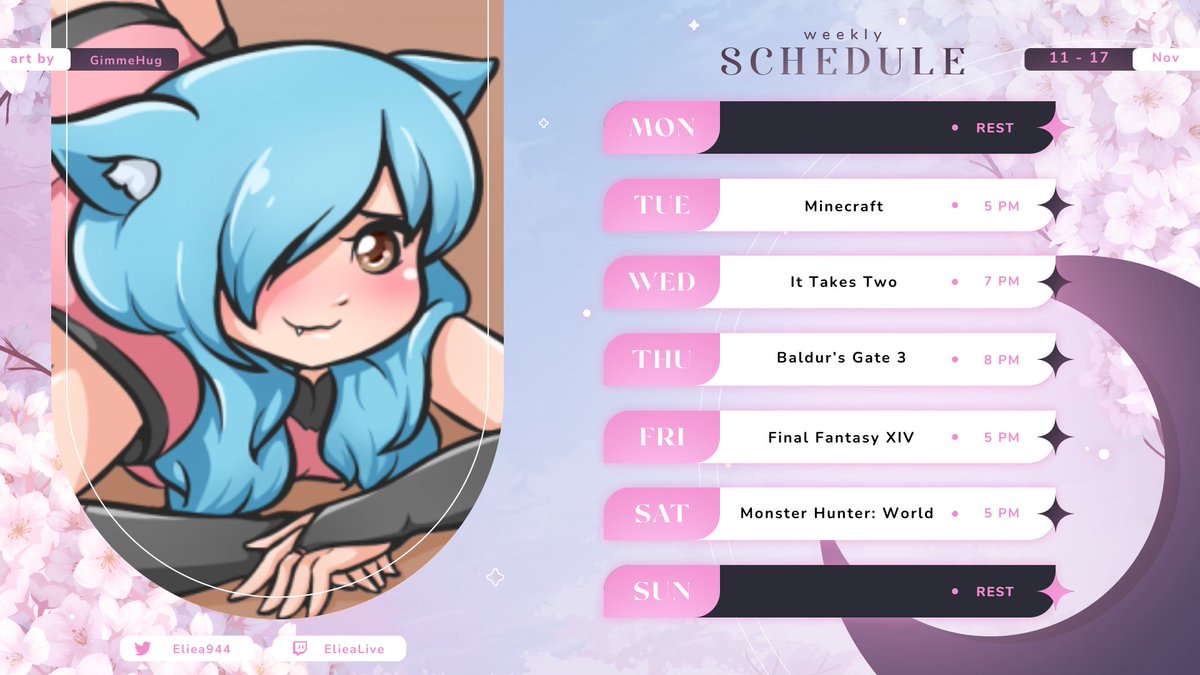 Week Schedule from 11/11 → 17/11

Back into Baldur's Gate 3 w/ hannabealla this week, and trying out Final Fantasy 14 with ShadowfireAngel and MissYemmy this week!

ೋღ 🌺 ღೋ ೋღ 🌺 ღೋ ೋღ 🌺 ღೋ

#vtuber #schedule #twitch #ittakestwo #monsterhunter #ff14