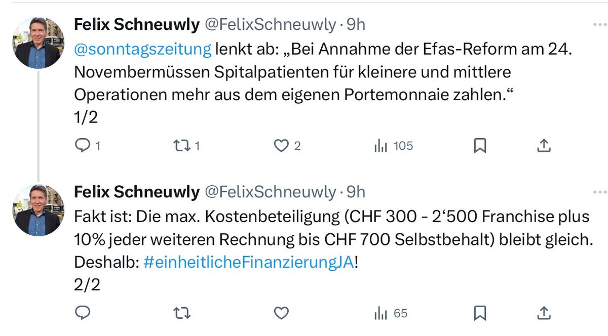 Interessant: Beides stimmt! Aber kein gutes Argument gegen EFAS, individuell kommt diese Situation selten im Leben vor. Wer diesen Fall optimieren will, kann die Franchise aufs Minimum senken … #EinheitlicheFinanzierung JA