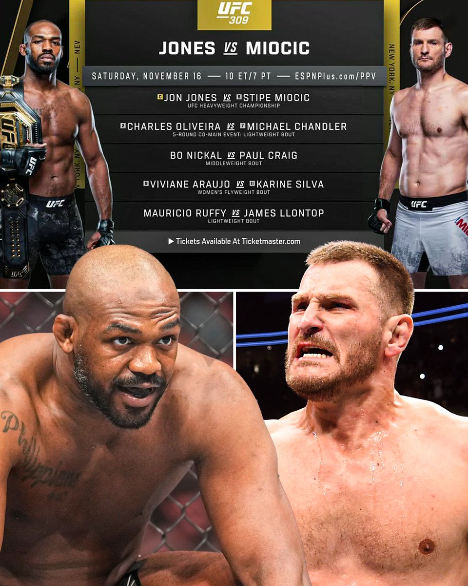 espn's tweet photo. A massive UFC heavyweight title fight headlines #UFC309 in NYC 🗽

Saturday, 10 PM ET | ESPN+ PPV 🍿 https://t.co/9g4odj58A9 https://t.co/WUkCIirAMw