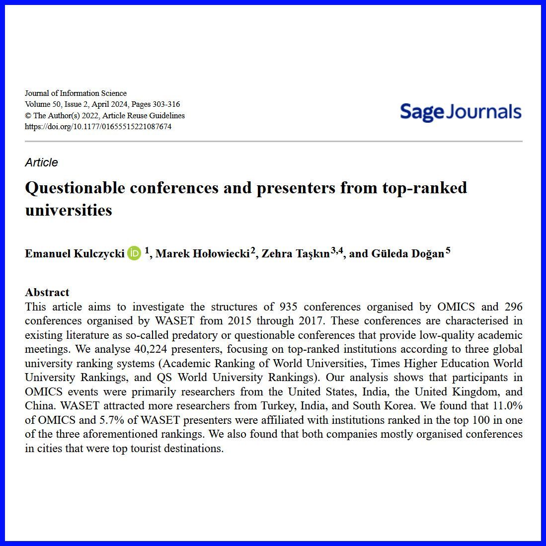 fake_journals's tweet photo. "Questionable conferences and presenters from top-ranked universities" Well worth a read.
We posted on #WASET - see https://t.co/IfkIC4XQYX - a long time ago, but never managed to get it published. In our blog post we said:
"We estimate that WASET plans to run over 140,000 conferences in 2020, across 49 cities. This is an average of over 2,800 conferences in each city and over 380 conferences each day. We have since done a much more detailed analysis, in our article “How many conferences does WASET organise?” (https://t.co/fbUutEOUL0). This estimates the number of WASET conference in 2020 to be OVER 300,000. "
... so Kudos to the authors of this article. Great work. https://t.co/sHCZ56d9jn