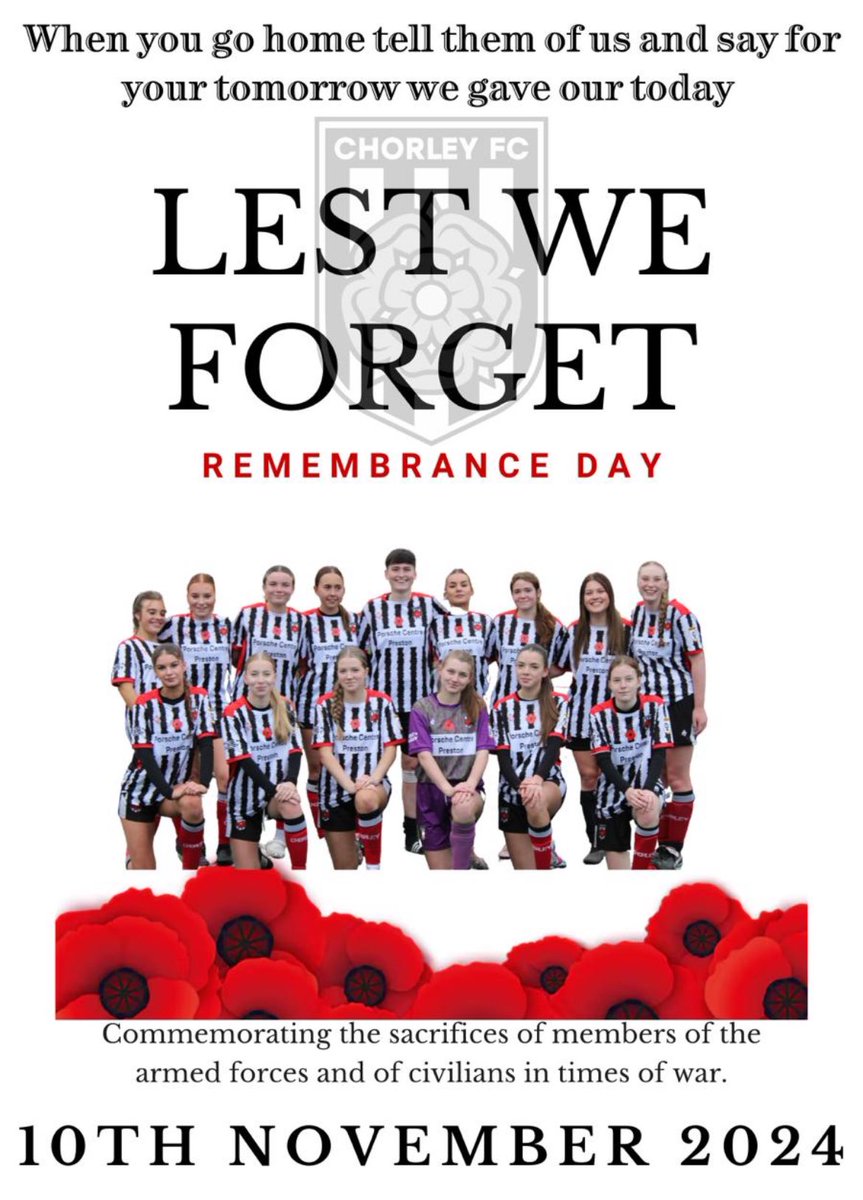 Chorley FC Women remember and will be honouring their memory and giving thanks during our away fixture to Rainford today 🕊️

#lestweforget #rememberenceday