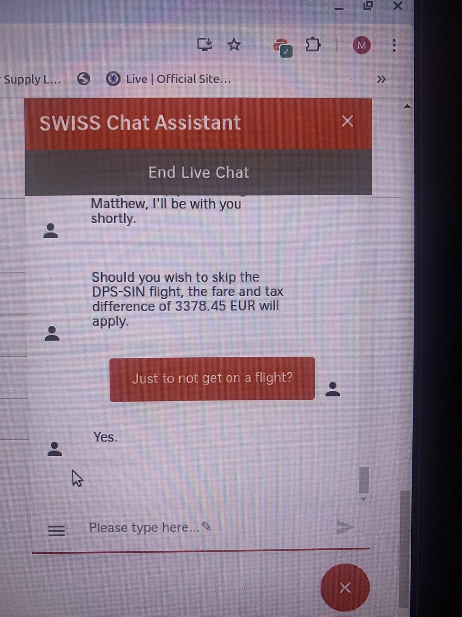 mattymanta's tweet image. @FlySWISS #zerocustomersupport after having a flight rescheduled due to a volcano and knowing I would miss the first leg of my onward journey @FlySWISS said they would charge me more than €3300 to just skip the first leg of my journey.