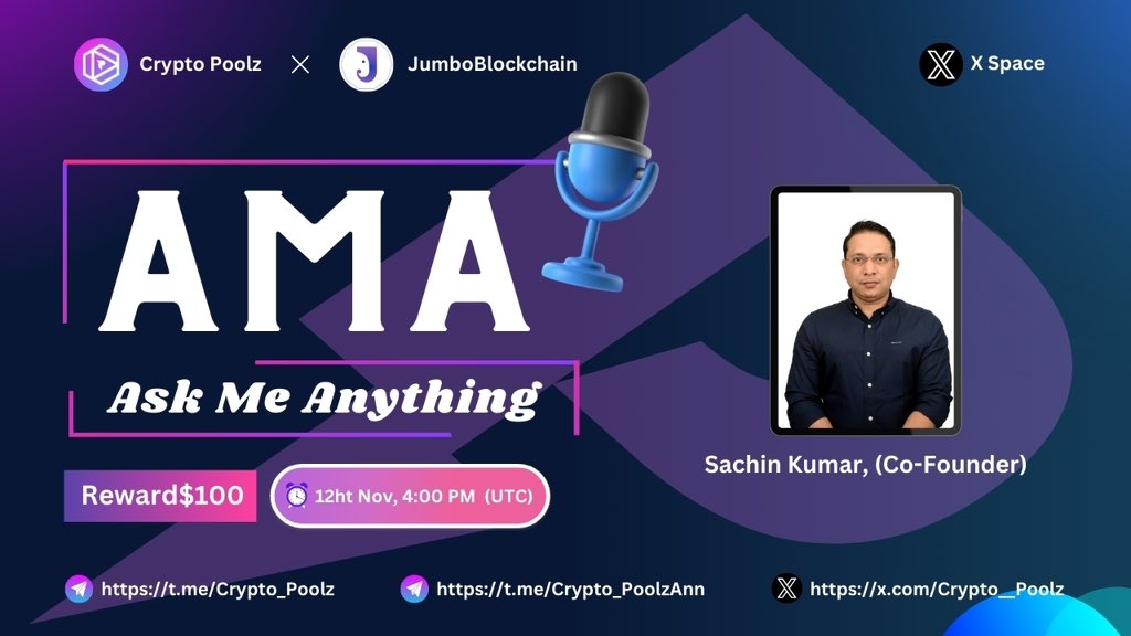 🚀Get ready for the Next #CryptoPoolz  X Space AMA With #Jumboblockchain

🎁Prize: $100
📆Date: 12th NOV, 4:00 PM ( UTC)
🏨 Venue : x.com/i/spaces/1Mnxn…

〽️  Rules Must be Followed Or You Will be Disqualified 👇

✔️. Follow <a href="/Crypto__Poolz/">Crypto Poolz</a> &amp; <a href="/Jumboblockchain/">JumboBlockchain | Mainnet is Live!</a> 
✔️. Join :