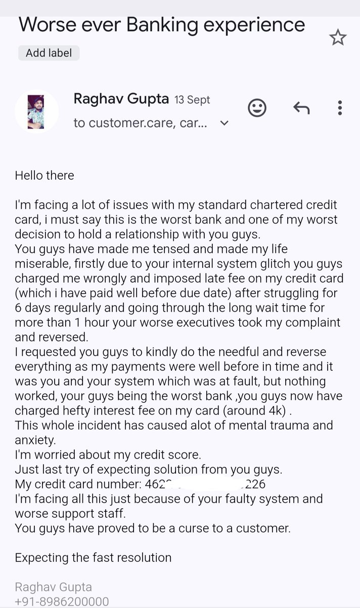 raghavgupta103's tweet photo. @StanChartHelpIN @StanChartIN I sent you this mail on September 13th, requesting the same
Continued 
4/6 https://t.co/qmYg1rh4yu
