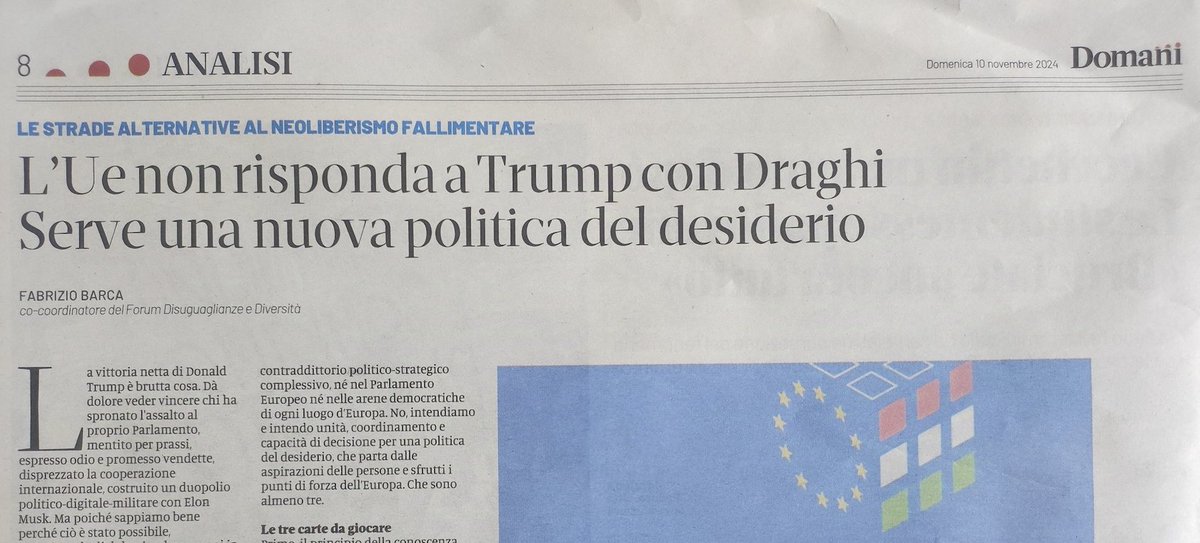 La vittoria di Trump una scossa per l'Europa? Sì, a patto che scelga la politica del desiderio,partendo da aspirazioni delle persone e dai propri punti di forza.<a href="/fabriziobarca/">Fabrizio Barca</a> oggi su <a href="/DomaniGiornale/">Domani</a> indica tre carte possiamo giocare,che non sono quelle indicate nel Piano Draghi.