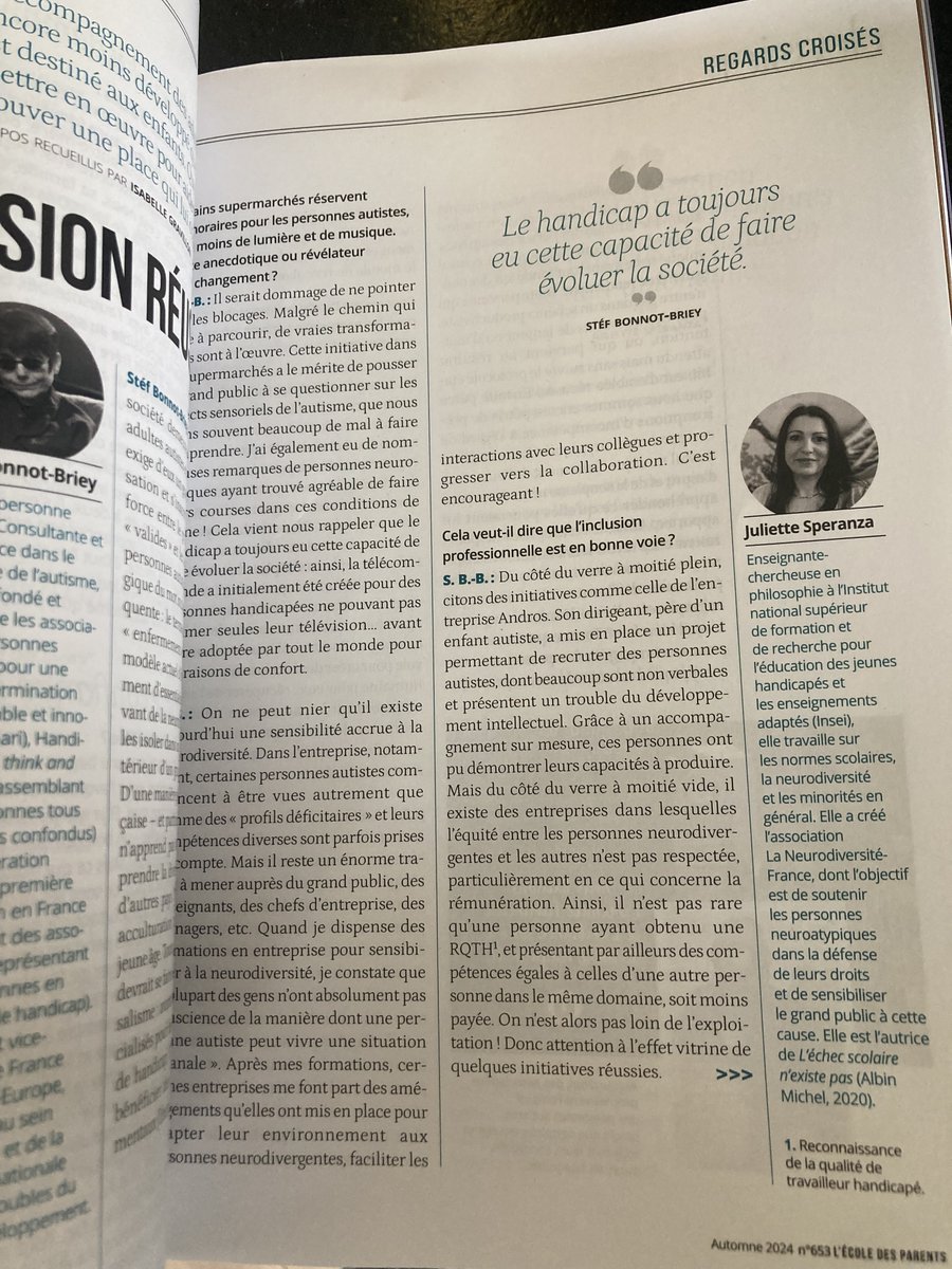julsperanza's tweet photo. "Que serait une inclusion réussie ?"  nouvelle interview réalisée par @IsabelleGravillon (avec @SteFBonnotBriet) pour le dernier numéro de @lecoledesparents consacré à l’#autisme. #philosophie #handicap #education  #neurodiversité https://t.co/kGqlkwe08v
