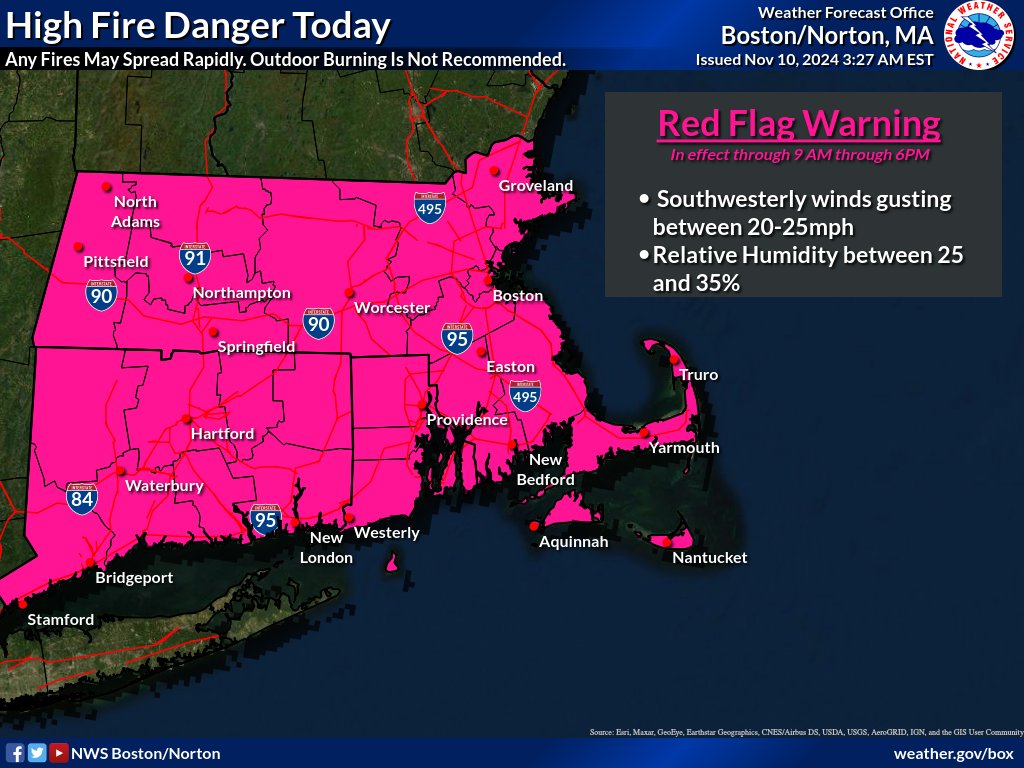 NWSBoston's tweet photo. [Sunday] A Red Flag Warning is in place again today.  Fires that start today will spread quickly given extremely dry conditions and gusty southwest winds. Please heed warnings from your local fire departments as many  towns and cities have put burn bans in place. https://t.co/UMhJoikYBM