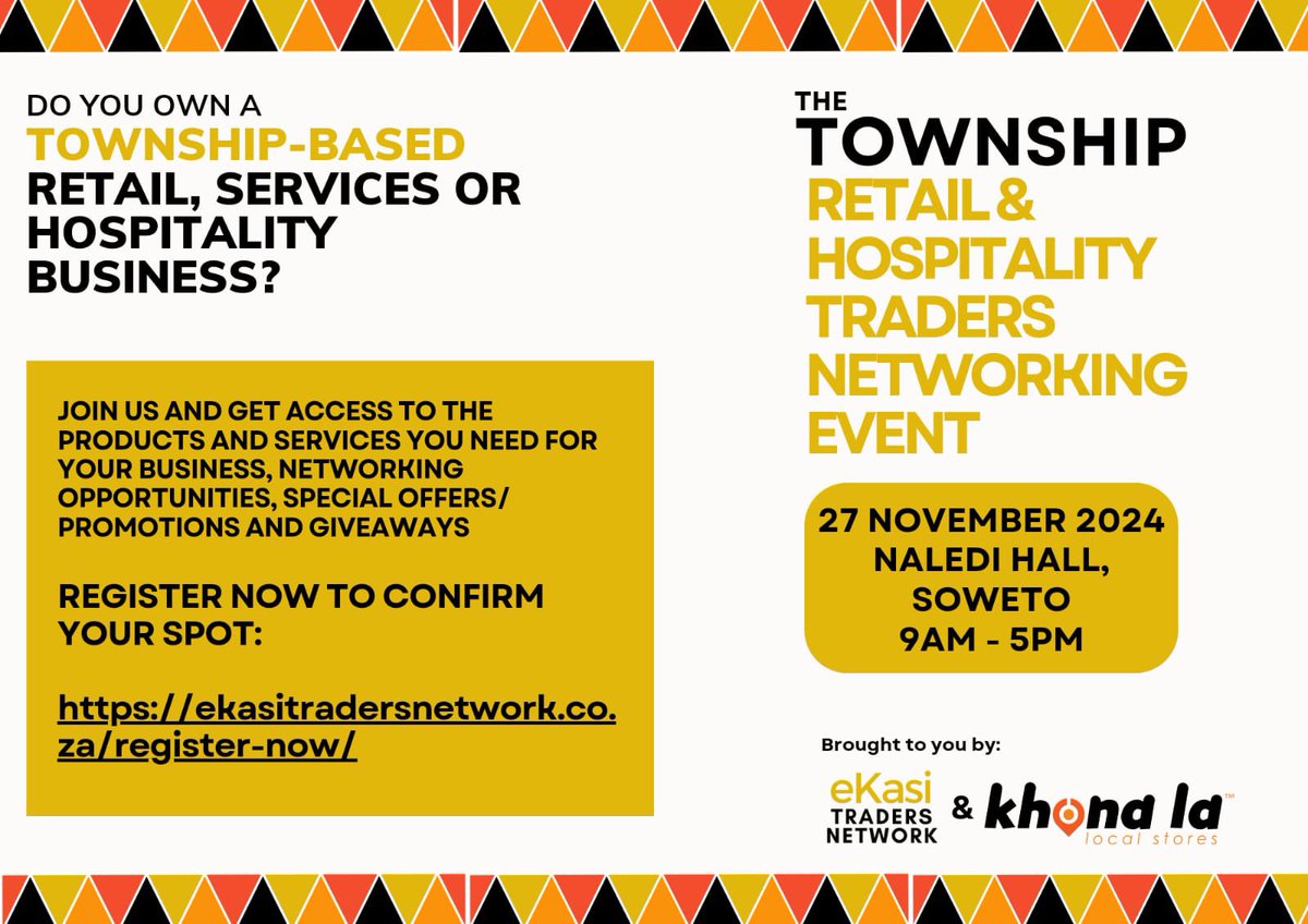 Don’t forget to join us. Let’s engage and together find solutions. It s important to register: ekasitradersnetwork.co.za/register-now/

<a href="/eKasi_Traders/">eKasi Traders Network 🇿🇦</a>
