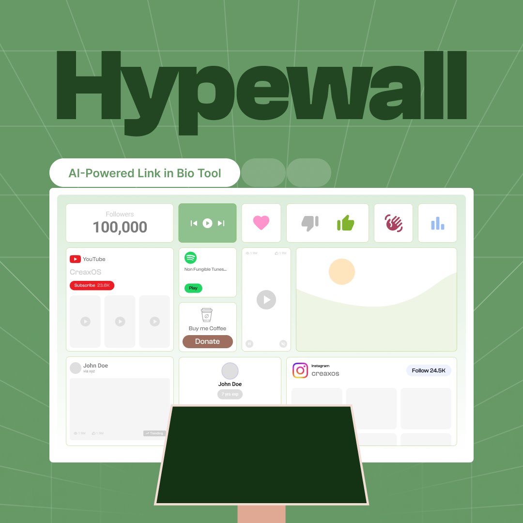 Creax_OS's tweet photo. From posts to products, showcase it all with Hypewall! 

CreaxOS’s AI-powered link-in-bio lets you create a stunning, interactive hub for your audience.

Visit https://t.co/waDOXLWsdY to sign up for Beta 

#ContentCreatorTools #linkinbio #creatorssupport #AIpowered https://t.co/hLdhZOZCf9