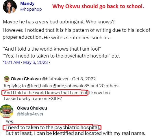 Anna Lrig (@anna_lrig) on Twitter photo <a href="/fred_ballas/">Fred (PhD)</a> Sir Fred (PhD),
Deluded Okwu wrote blunders like "Who do you really has" "U'r to a post made in Oct" "madness is to is that" "I'm you're totally cured" etc. See links in subsequent posts.
QUESTIONS: Why does Okwu often omit words in sentences? Where is <a href="/simon_ekpa/">Simon Ekpa</a> ? <a href="/fred_ballas/">Fred (PhD)</a> Sir Fred (PhD),
Deluded Okwu wrote blunders like "Who do you really has" "U'r to a post made in Oct" "madness is to is that" "I'm you're totally cured" etc. See links in subsequent posts.
QUESTIONS: Why does Okwu often omit words in sentences? Where is <a href="/simon_ekpa/">Simon Ekpa</a> ?