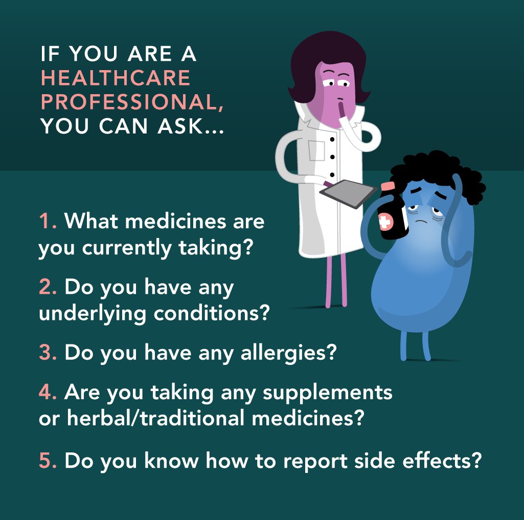 amr_initiative's tweet photo. Here are 5️⃣ questions healthcare professionals can ask patients to help #PreventSideEffects:
– Are you taking other medicines?
– Do you have underlying conditions?
– Do you have allergies?
– Are you taking supplements?
– Do you know how to report side effects?
#medsafetyweek https://t.co/uILynUVHBr