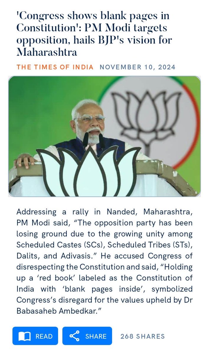 haresh_parul's tweet photo. 'Congress shows blank pages in Constitution': PM Modi targets opposition, hails BJP's vision for Maharashtra
https://t.co/4GvsjZrirq

via NaMo App https://t.co/lJ9S86JXuQ