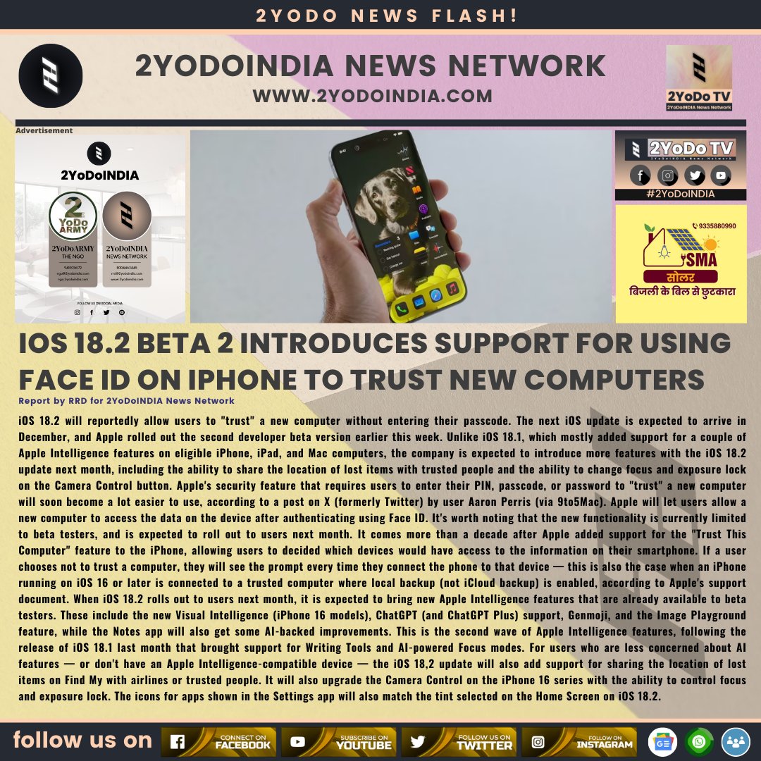 2yodoindia's tweet image. iOS 18.2 Beta 2 Introduces Support for Using Face ID on iPhone to Trust New Computers

for more news visit 2yodoindia.com

#2YoDoINDIA #iOS18_2 #iOS18_2Features #iOS18 #AppleIntelligence #Apple #iOS
