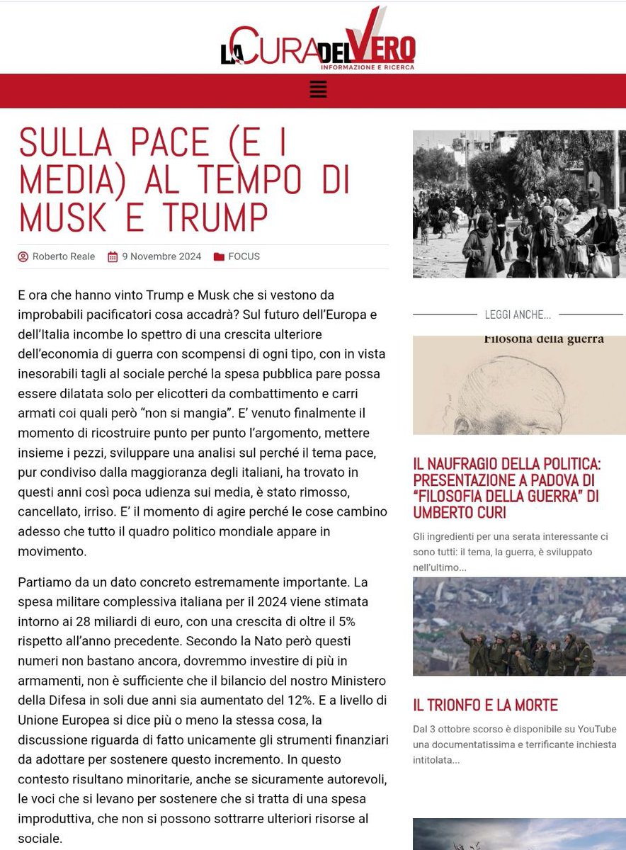 #10novembre Da un lato autocrati miliardari (Trump e Musk, il più ricco del mondo) al potere. Dall'altro tecnocrati che il popolo non ascoltano mai. Spese militari? Solo 9% italiani a favore del loro aumento ma i media oscurano ogni voce critica lacuradelvero.it/focus/sulla-pa… E adesso?
