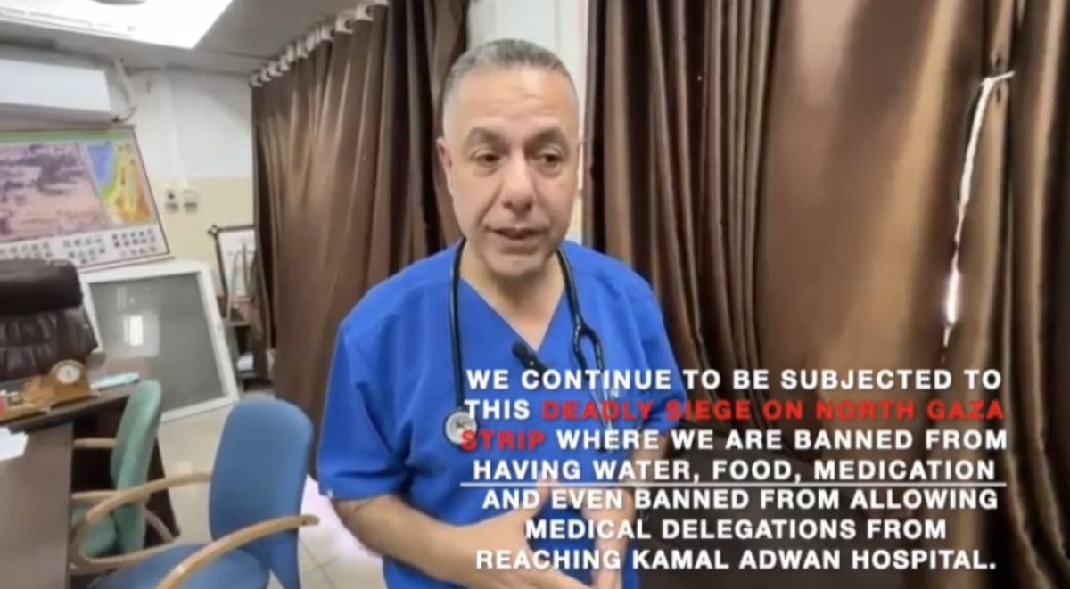 AbujomaaGaza's tweet photo. Director of Kamal Odwan Hospital Dr Hussam abu Safiyeh: 

“Symptoms of malnutrition started to appear on starving people in #NorthernGaza.

“We are fighting to afford only one little meal for paramedics and patients in the hospital.” https://t.co/gAM1PY18sF
