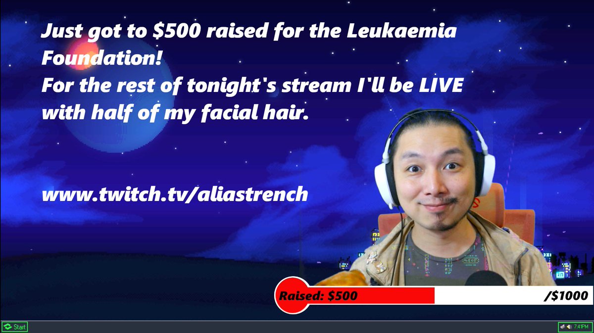 Well this happened right at the start of stream.
I'm raising money for <a href="/LeukaemiaAus/">Leukaemia Foundation</a> and we just hit $500 so half the facial hair is gone and I will stay like this for the rest of tonight's stream.
LIVE now at twitch.tv/aliastrench