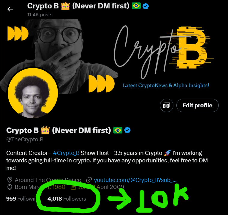 TheCrypto_B's tweet photo. 🚀 Hey #CryptoFam! Do you think I can double my followers here? Hitting 10K would be huge! 💯 

I need your support to make it happen – let’s grow this community together! 🔥💪 Like, follow if you're with me! 🙌 #CryptoCommunity #TwitterGrowth #10KGoal #CryptoFam #LetsGrowTogether #CryptoLife #OnTheRise 🚀💥