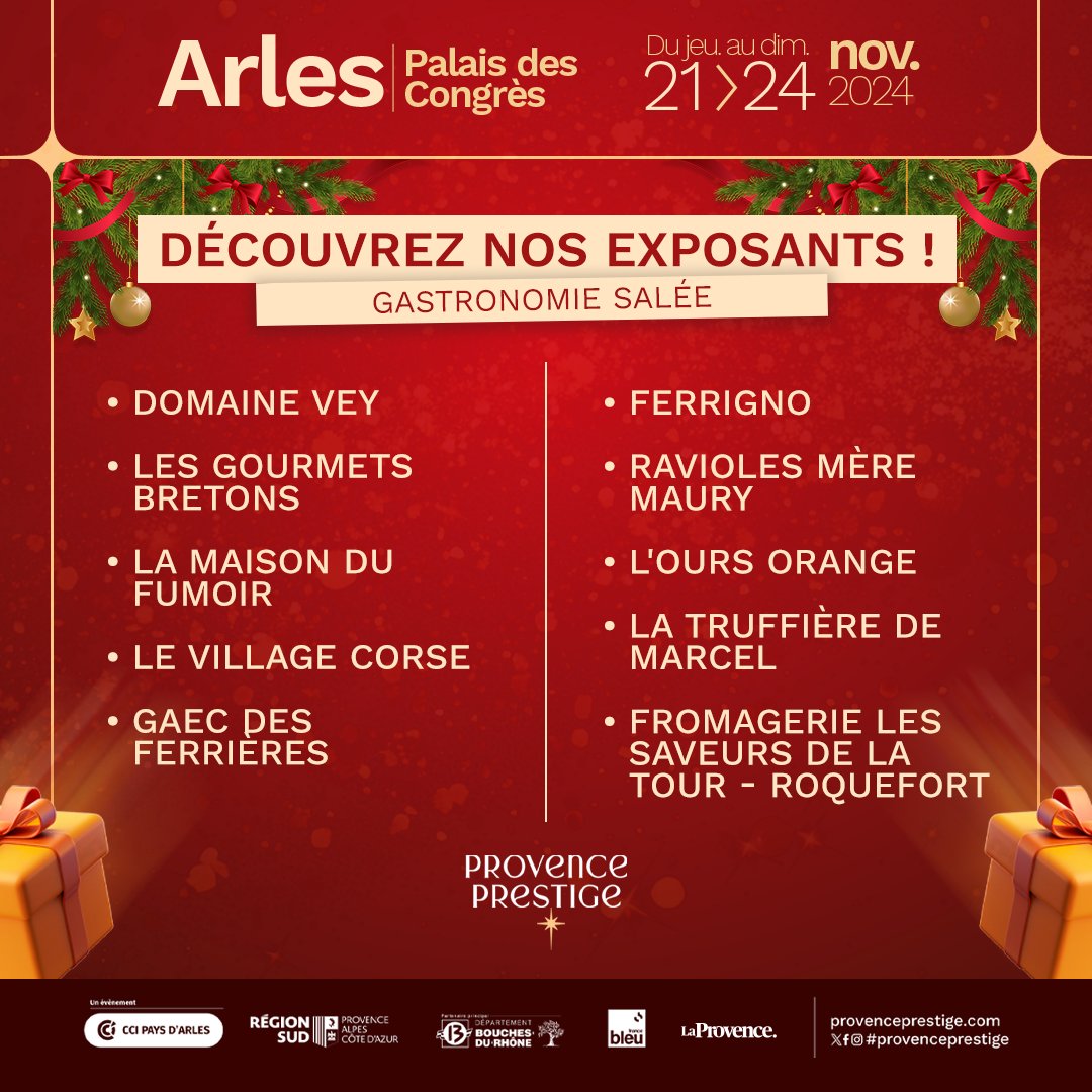 Provence Prestige 2024 : Découvrez nos exposants ! 🎉

Rendez-vous du jeudi 21 au dimanche 24 novembre au Palais des Congrès Arles, pour découvrir l'artisanat provençal 

#ProvencePrestige #GastronomieSalee #MadeInProvence #Arles #ÉvénementLocal