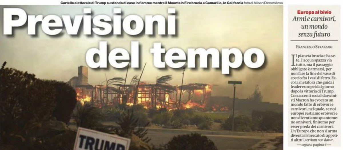 oggi su <a href="/ilmanifesto/">il manifesto</a> scrivo sul 'passaggio obbligato' dall'ambizione geopolitica a quella geostrategica dei leader europei all'indomani della vittoria di Trump, e di un dibattito serio, aperto e trasparente su difesa e riarmo nel mondo che si annuncia

ilmanifesto.it/armi-e-carnivo…