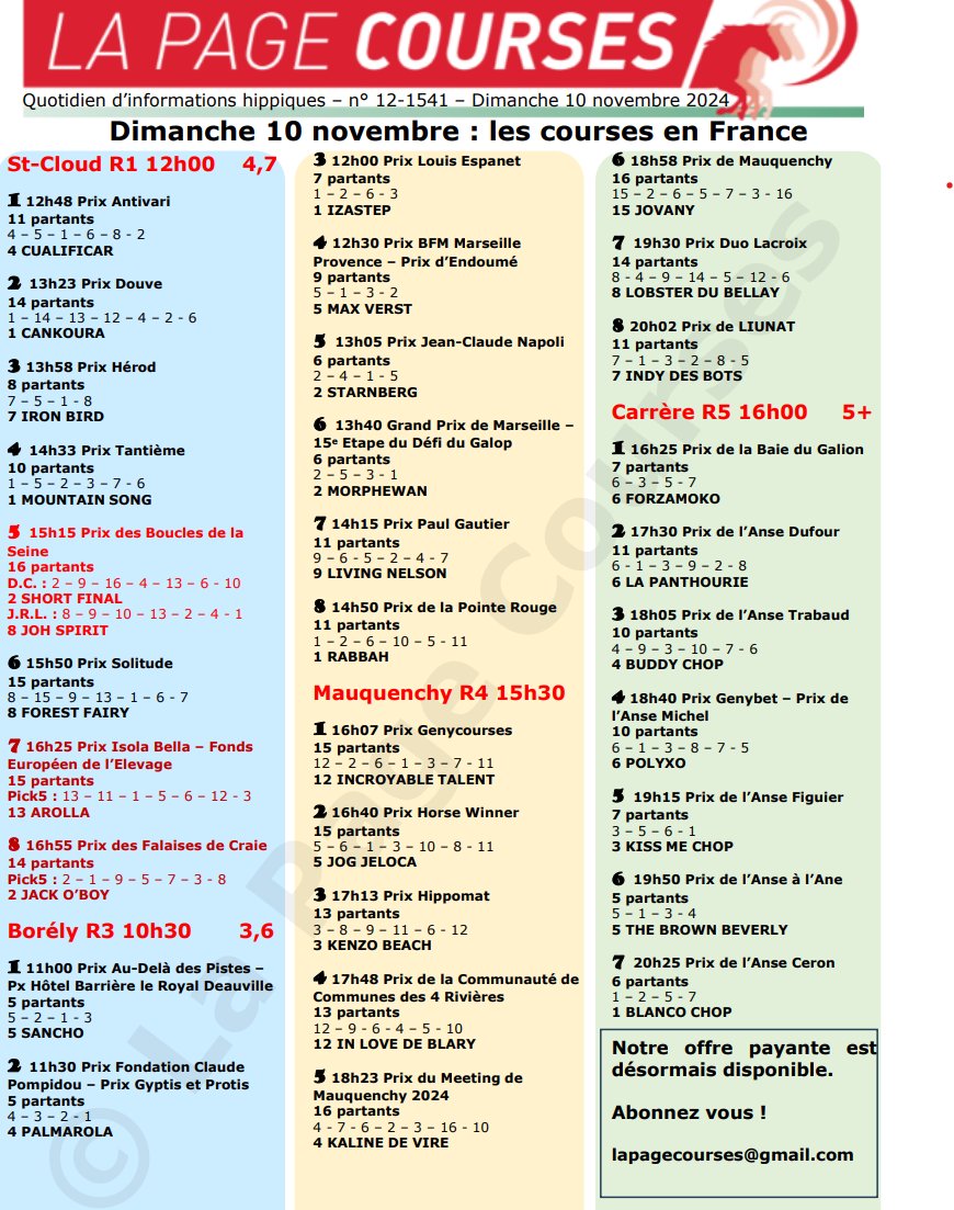 Dimanche 10 novembre 2024.

On galope à Saint-Cloud, avec le Quinté.

On galope à Marseille-Borély avec le Défi du Galop.

On trotte à Rouen-Mauquenchy.

Carrère (Martinique) propose une réunion mixte Trot-Galop.

Pour tout savoir, cliquez ici :

drive.google.com/file/d/1nozE4r…