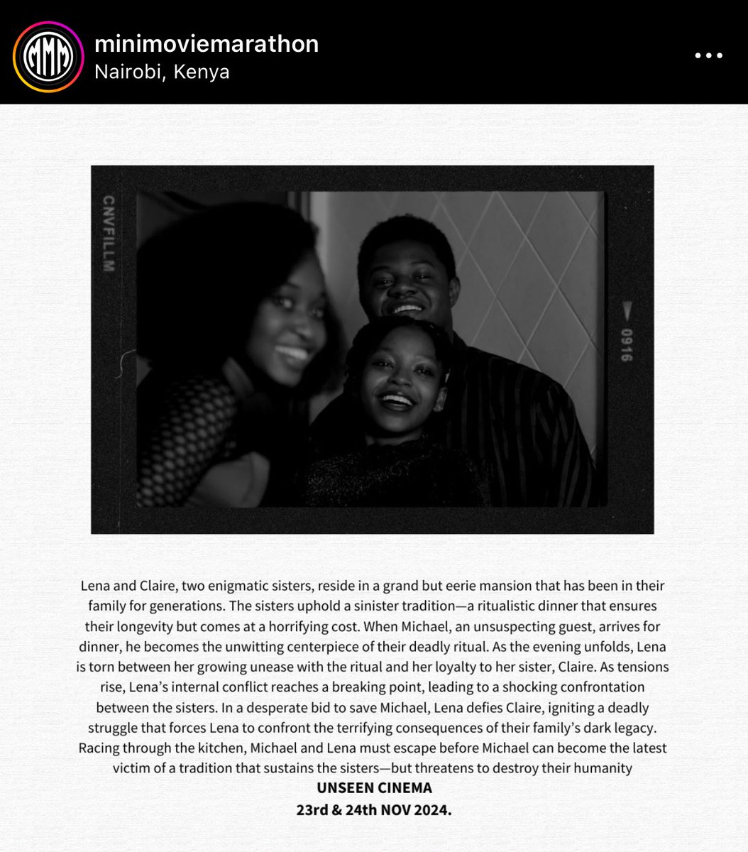 KabogozzaBrian's tweet photo. Lets experience this masterpiece in @UnseenCinema this 23rd and 24th November 2024. Nairobi, Kenya 🇰🇪 
#DinnerForThree 
Courtesy: minimoviemarathan 😎 https://t.co/aUxBFqyt6n