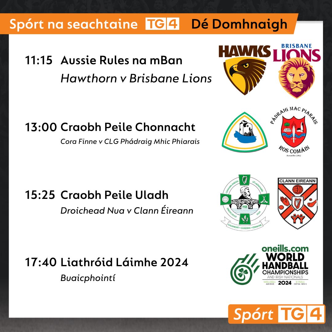 SportTG4's tweet image. Spórt an Lae inniu ar @TG4TV 📺

#aflw #aussierules #gaa #gaabeo #gaelicfootball #gaahandball #handball