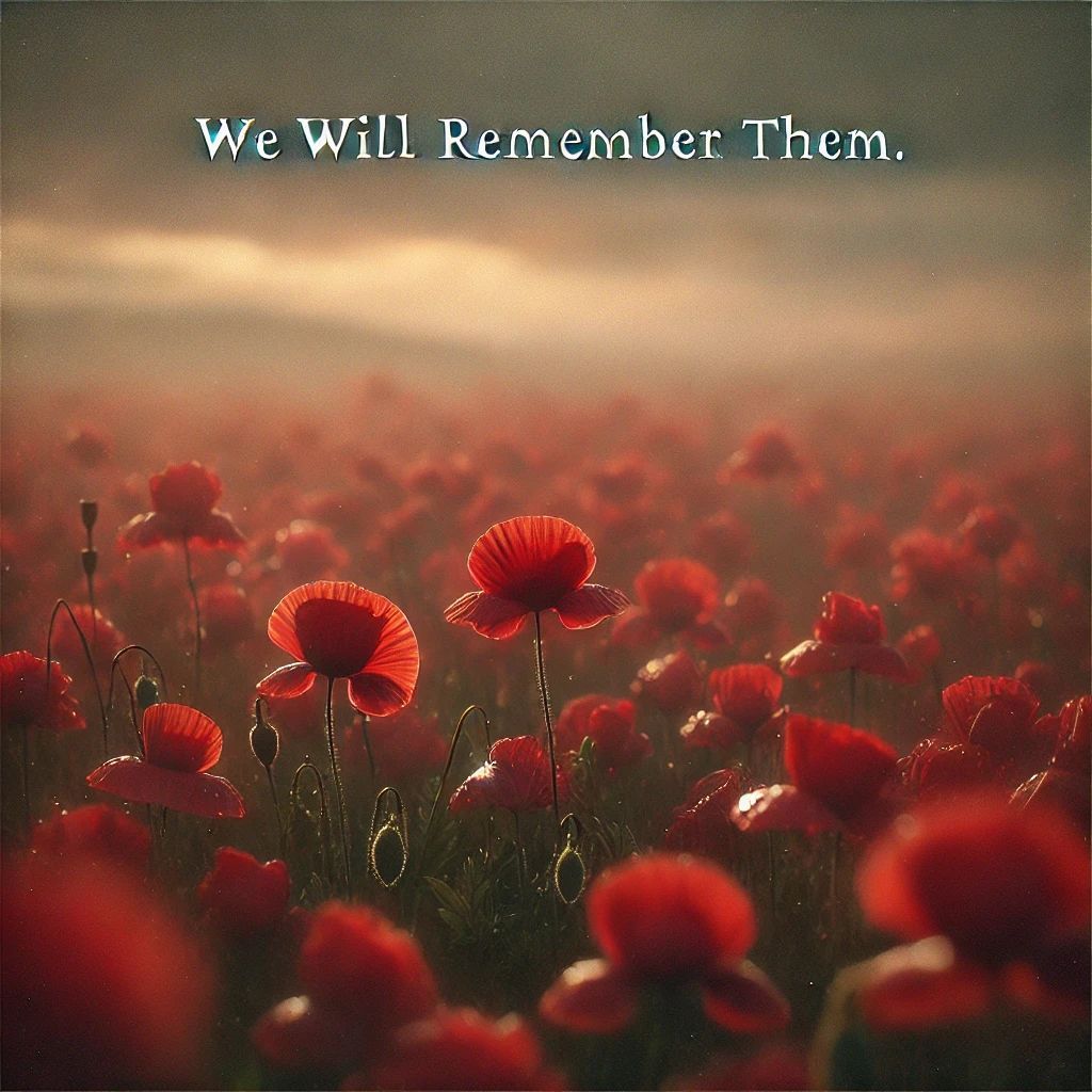 Alt text a close up of a field of poppies, symbolising remembrance with the words We will remember them.