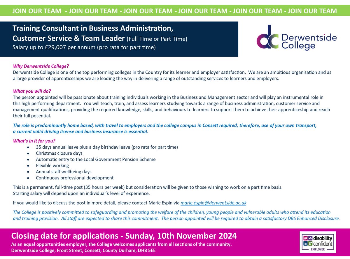Derwentside College (@derwentsidecoll) on Twitter photo JOIN OUR TEAM
Training Consultant in Business Administration, Customer Service & Team Leader
Full or Part Time
Salary up to £29,007 per annum (pro rata for part time)
Closing Date: Sunday 10 November 2024
Apply now: ow.ly/a3w450TNJqZ JOIN OUR TEAM
Training Consultant in Business Administration, Customer Service & Team Leader
Full or Part Time
Salary up to £29,007 per annum (pro rata for part time)
Closing Date: Sunday 10 November 2024
Apply now: ow.ly/a3w450TNJqZ
