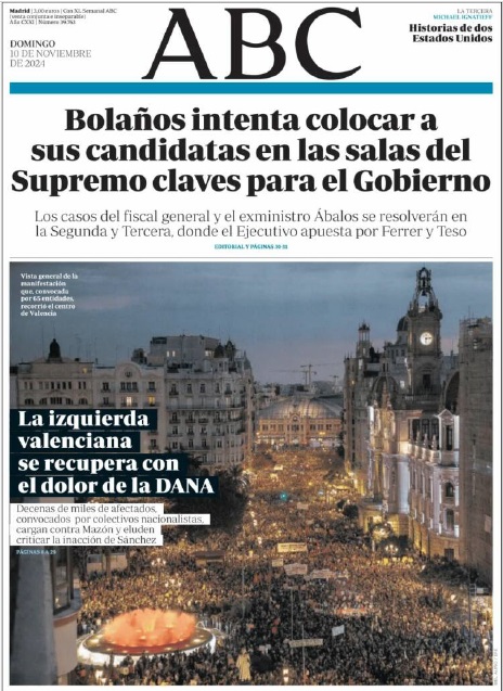 AlvaroMohorte's tweet photo. Un análisis de las protestas de ayer en #Valencia por la #DANA con la prensa de hoy. Abro 🧵:
Hay dos ejes: 
- En Madrid identifican la protesta con la izquierda, se fijan en los disturbios y casi ignoran las críticas a Sánchez. ABC llega a trasladar que vuelve el Botànic. (I/IV) https://t.co/zYrTLeWnMV