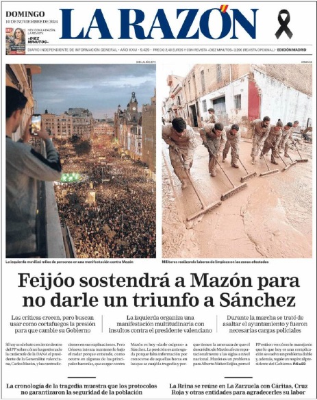 AlvaroMohorte's tweet photo. Un análisis de las protestas de ayer en #Valencia por la #DANA con la prensa de hoy. Abro 🧵:
Hay dos ejes: 
- En Madrid identifican la protesta con la izquierda, se fijan en los disturbios y casi ignoran las críticas a Sánchez. ABC llega a trasladar que vuelve el Botànic. (I/IV) https://t.co/zYrTLeWnMV