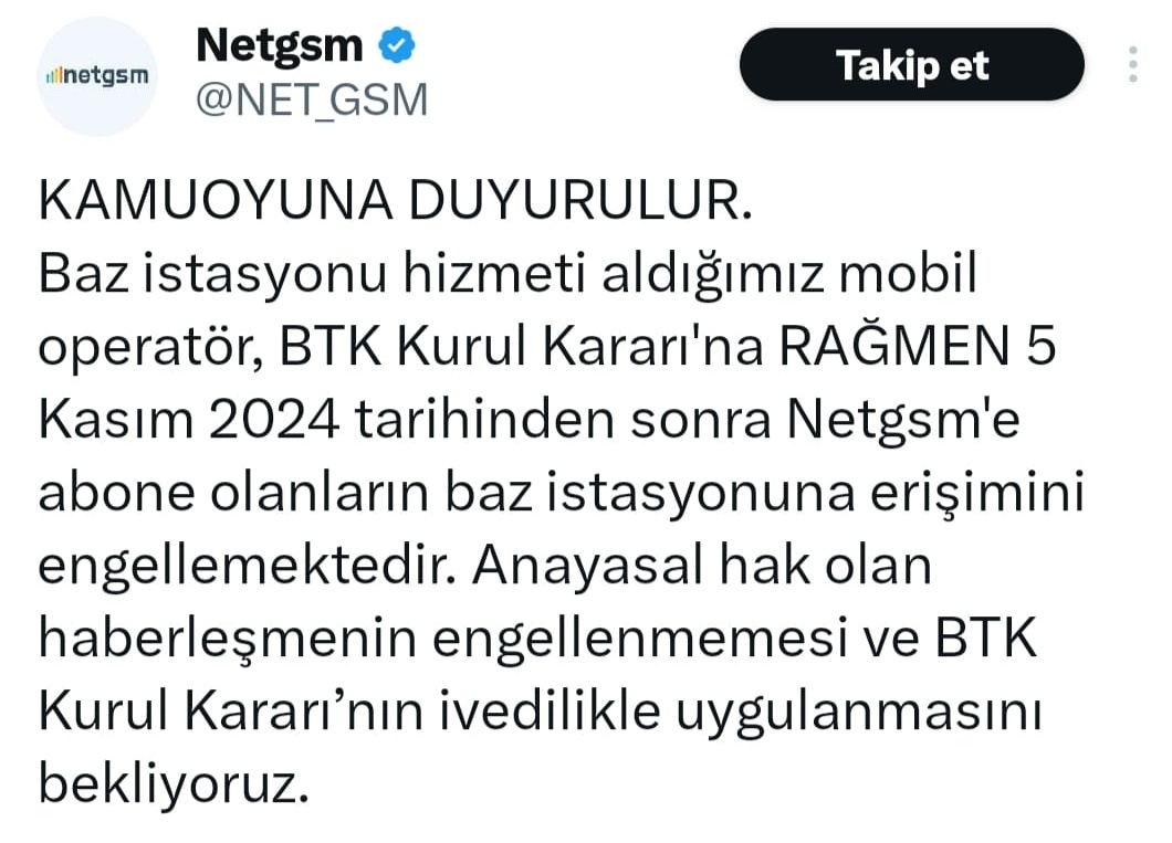 Turkcell’in altyapısını kullanan NetGSM’in Uygun fiyatlı tarife sunması sonrasında, Turkcell tarafından baz istasyonuna erişimleri engellendi. 

BTK’nın konuyla ilgili açıklama yapması bekleniyor.